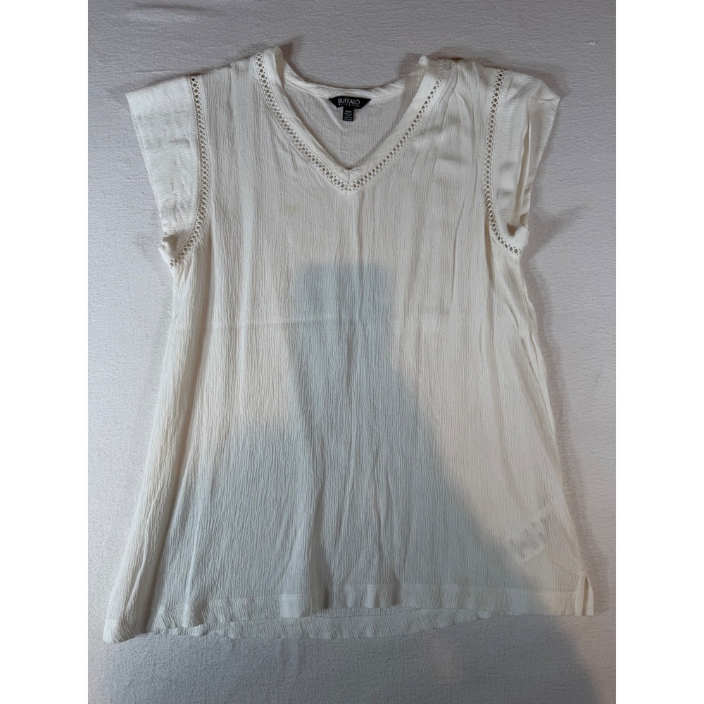 Buffalo David Bitton White Crinkle V-Neck Blouse with Lattice Trim Size M